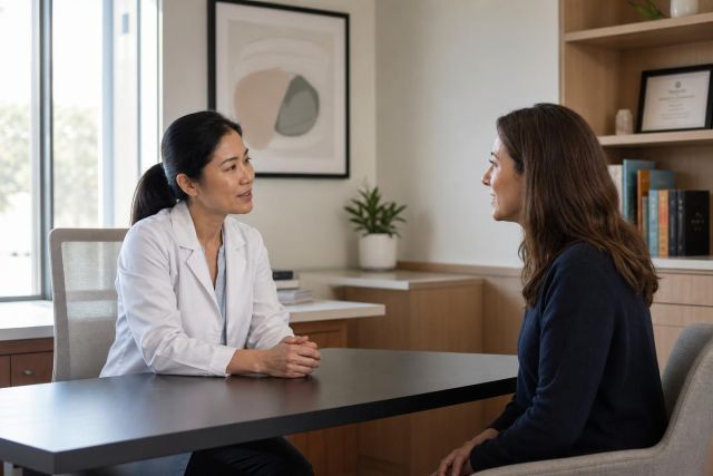 Doctor in white coat calmly consulting with patient across desk in an office.