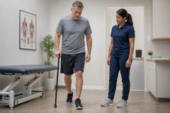 Middle-aged patient walking with cane during orthopedic clinic gait assessment beside clinician.