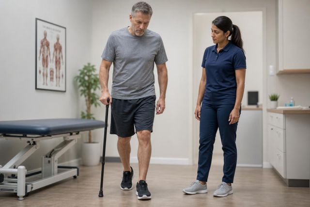 Middle-aged patient walking with cane during orthopedic clinic gait assessment beside clinician.