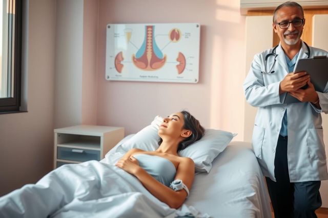 The image depicts a healthcare setting where a medical professional, possibly a doctor, is standing next to a patient who is in bed. The medical professional appears to be discussing the results of an examination or giving instructions related to the patient's care.