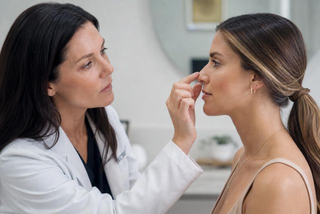 Cosmetic surgeon examining patient's nose in clinic consultation, assessing potential rhinoplasty refinement.