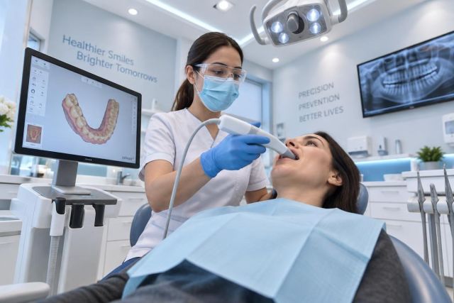 Dental clinician performing an intraoral digital scan on a patient in a modern operatory.