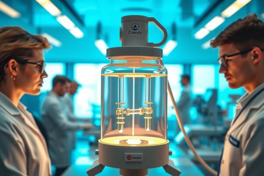 Lab researchers observe a plasma reactor in a cleanroom environment. The image showcases scientific equipment and a sterile workspace with a blue hue, emphasizing innovation and technology.