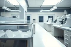 Clean laboratory setting with equipment and a cart of supplies. White and gray tones dominate the scene, suggesting a sterile environment.