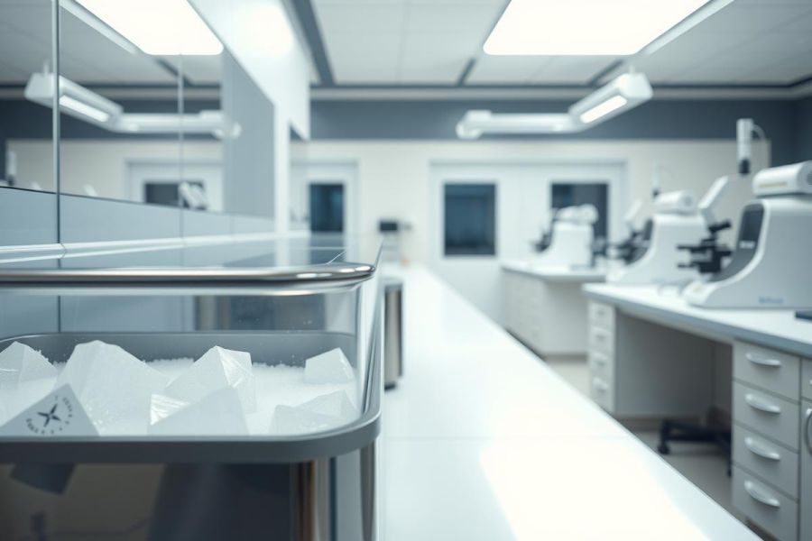 Clean laboratory setting with equipment and a cart of supplies. White and gray tones dominate the scene, suggesting a sterile environment.