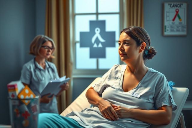 The image portrays a medical scenario with two women. One woman is seated on a hospital bed, appearing to be in labor or perhaps experiencing a medical issue requiring attention. The other woman stands next to her, dressed in a nurse's uniform and holding what seems to be patient records or notes, possibly providing care or assessment.