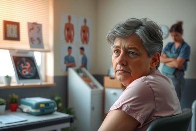 In this image, an older woman is seated at a desk in a medical office. The woman appears concerned or focused on something out of frame. On the desk, there are various medical-related items including a model human torso and additional papers or charts related to healthcare.