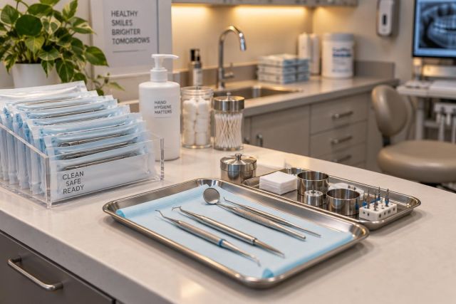 Sterile dental instruments and supplies neatly arranged on tray in modern dental operatory.