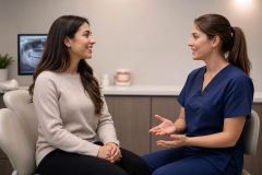 Dentist in navy scrubs consulting smiling patient beside dental chair with X‑ray display.