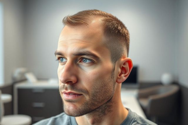 Close-up portrait of a young man with a buzz cut and stubble, looking thoughtfully off-camera. He's in a modern office setting with gray walls and blurred background elements, showcasing a professional yet casual aesthetic. The image features natural lighting and a focus on his blue eyes.