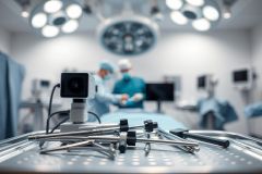 Surgical instruments and a camera are displayed on a sterile operating room table. Blurred surgeons perform a procedure under bright overhead lights in a modern, clinical setting. The image depicts a medical operation, focusing on surgical tools and healthcare technology.
