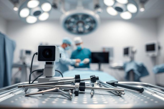 Surgical instruments and a camera are displayed on a sterile operating room table. Blurred surgeons perform a procedure under bright overhead lights in a modern, clinical setting. The image depicts a medical operation, focusing on surgical tools and healthcare technology.