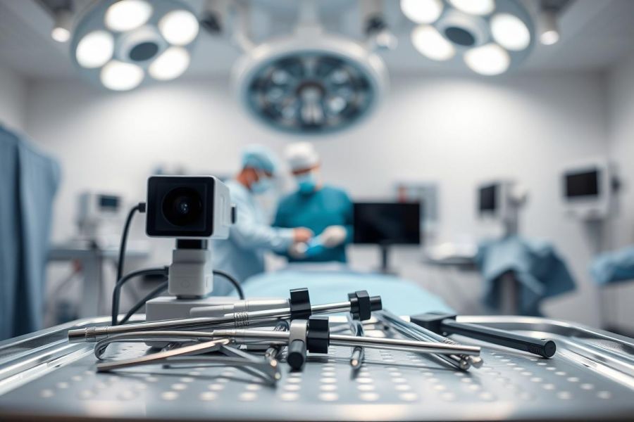 Surgical instruments and a camera are displayed on a sterile operating room table. Blurred surgeons perform a procedure under bright overhead lights in a modern, clinical setting. The image depicts a medical operation, focusing on surgical tools and healthcare technology.