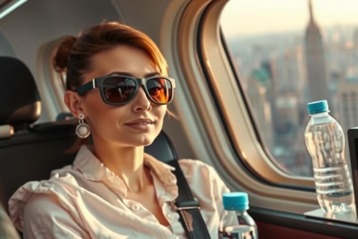 This image captures a moment inside an airplane, where a woman is seated comfortably in the foreground. She's wearing large sunglasses and has her hair styled up. The plane is flying over a city with notable architectural features visible below. The environment is brightly lit, likely due to sunlight streaming through the window. The image exudes an air of relaxation and enjoyment during travel.