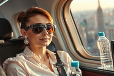 This image captures a moment inside an airplane, where a woman is seated comfortably in the foreground. She's wearing large sunglasses and has her hair styled up. The plane is flying over a city with notable architectural features visible below. The environment is brightly lit, likely due to sunlight streaming through the window. The image exudes an air of relaxation and enjoyment during travel.