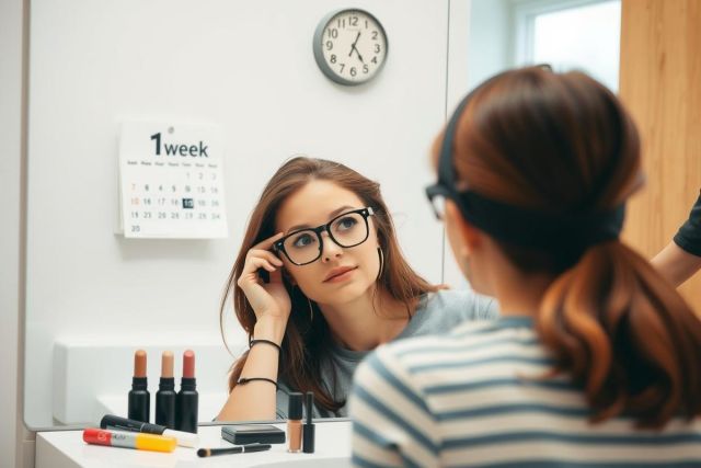 In the image, there is a woman in the foreground wearing glasses and looking at her reflection in a mirror. She appears to be getting ready or taking care of her appearance. In the background, there is another person whose head and shoulders are visible. This person seems to be observing the first individual or potentially engaged in a conversation with her. 