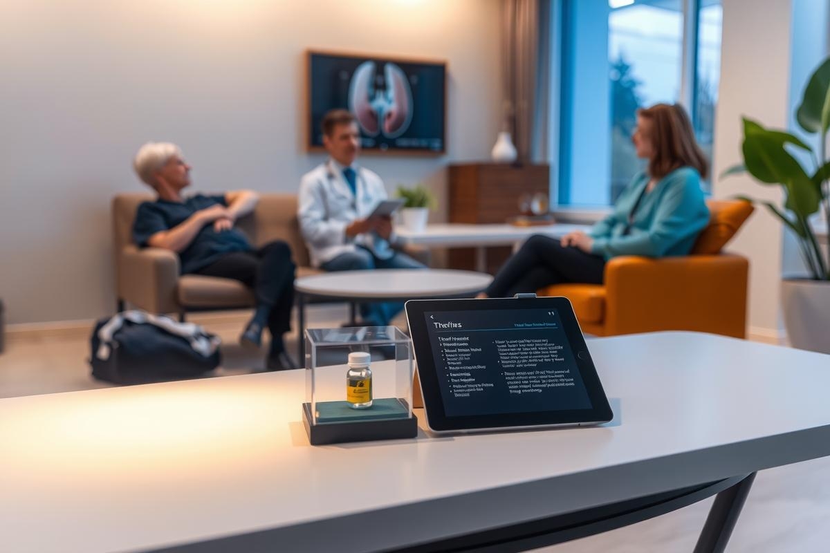 The image captures a modern medical office setting. There are four people seated in what appears to be a waiting area, with various pieces of furniture including a couch, coffee table, and potted plant adding to the ambiance. A television is mounted on the wall. The environment suggests a professional yet welcoming atmosphere for patients or clients.