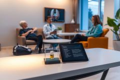 The image captures a modern medical office setting. There are four people seated in what appears to be a waiting area, with various pieces of furniture including a couch, coffee table, and potted plant adding to the ambiance. A television is mounted on the wall. The environment suggests a professional yet welcoming atmosphere for patients or clients.
