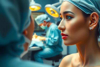 The image depicts a medical environment with two women. One woman, who appears to be a surgeon or attending physician, is seated and focused on her task at hand. She's wearing scrubs and appears to be examining the other woman closely. The second woman stands with confidence, looking directly into the camera. Both are surrounded by typical medical equipment like surgical lights and instruments that suggest a hospital or clinic setting.