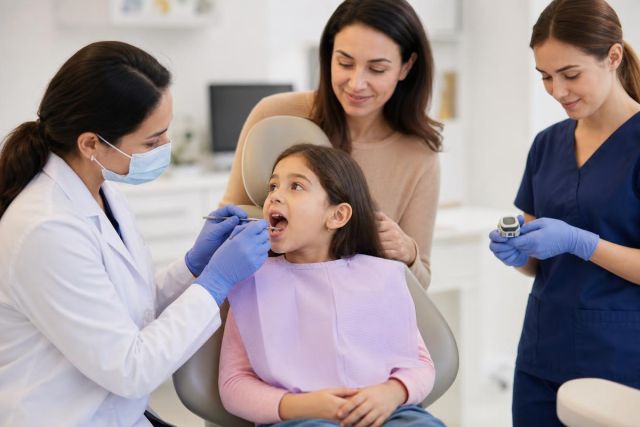 Pediatric dental exam with child in chair, masked dentist examining mouth while parent and assistant observe.