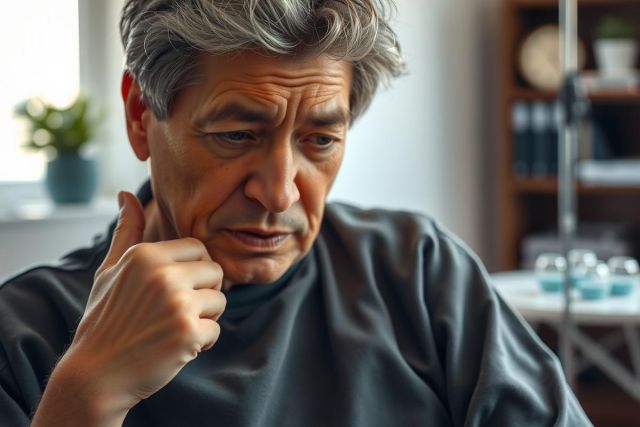 The photograph shows an elderly man with silver hair, wearing a gray top. He stands with his chin in his hand, looking away from the camera and toward the left of the frame, in a thoughtful or confused mood.