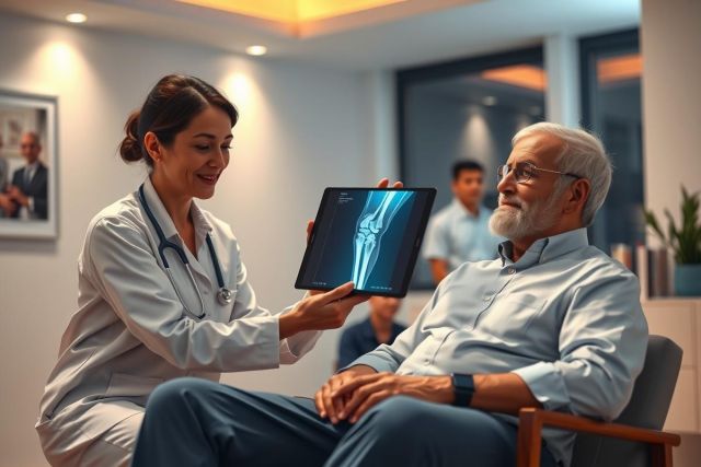 Doctor shows patient an X-ray on a tablet during a consultation. Healthcare professional, medical imaging, patient care, diagnostic assessment.  Bright, modern clinic setting.
