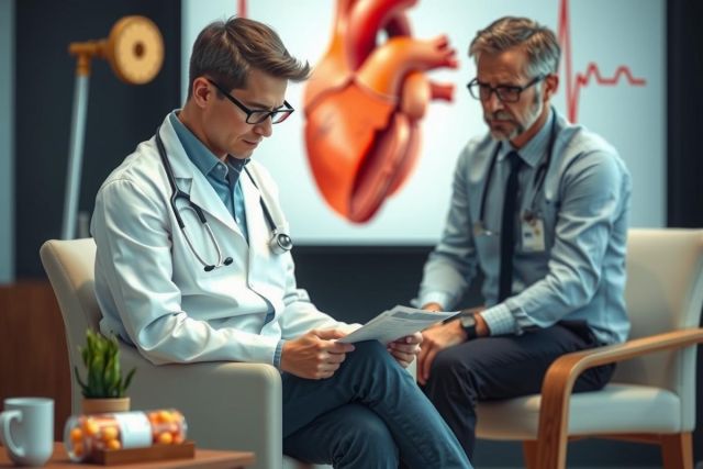 The image depicts a medical office setting with two doctors seated in front of a large anatomical model of a heart on the wall. One doctor is attentively looking at a patient's file, while the other appears to be explaining something. 