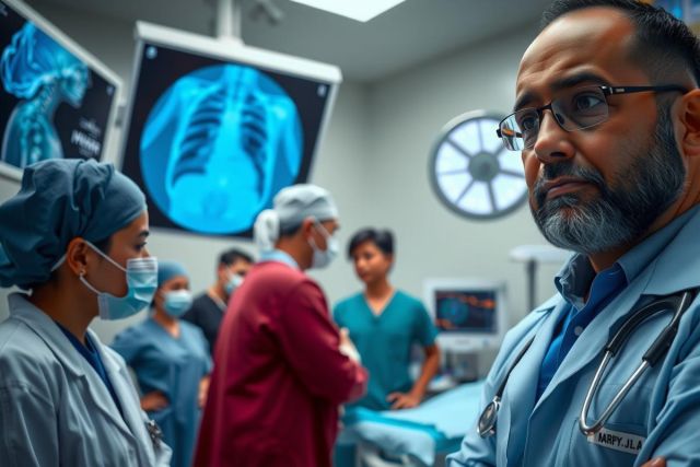 In a bustling hospital room, medical professionals in blue scrubs are gathered around patient MRI scans. A surgeon stands in the center with a focused gaze, while other doctors and nurses engage in discussion around various cases.