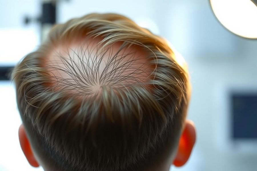 Close-up of a person's hair, showcasing a neat haircut and scalp details. The lighting highlights the texture and color of the hair. Focus on the back of the head.