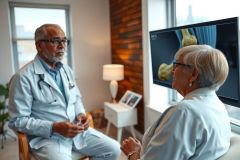 Doctor discusses medical imaging (X-ray) with a patient in a bright, modern office. Healthcare consultation, diagnostics, and patient care are key themes. Warm lighting and professional setting.