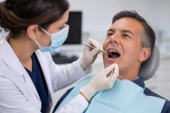 Dentist wearing mask examines middle-aged male patient's mouth during routine dental checkup in clinic.