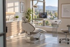 Modern dental operatory with treatment chair, overhead light, instruments, and panoramic X-ray display.