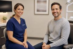Dental clinician and patient smiling in exam room during a calm consultation about complications.