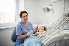 Dentist in scrubs examining a patient's open mouth in a dental operatory during a routine tooth inspection.