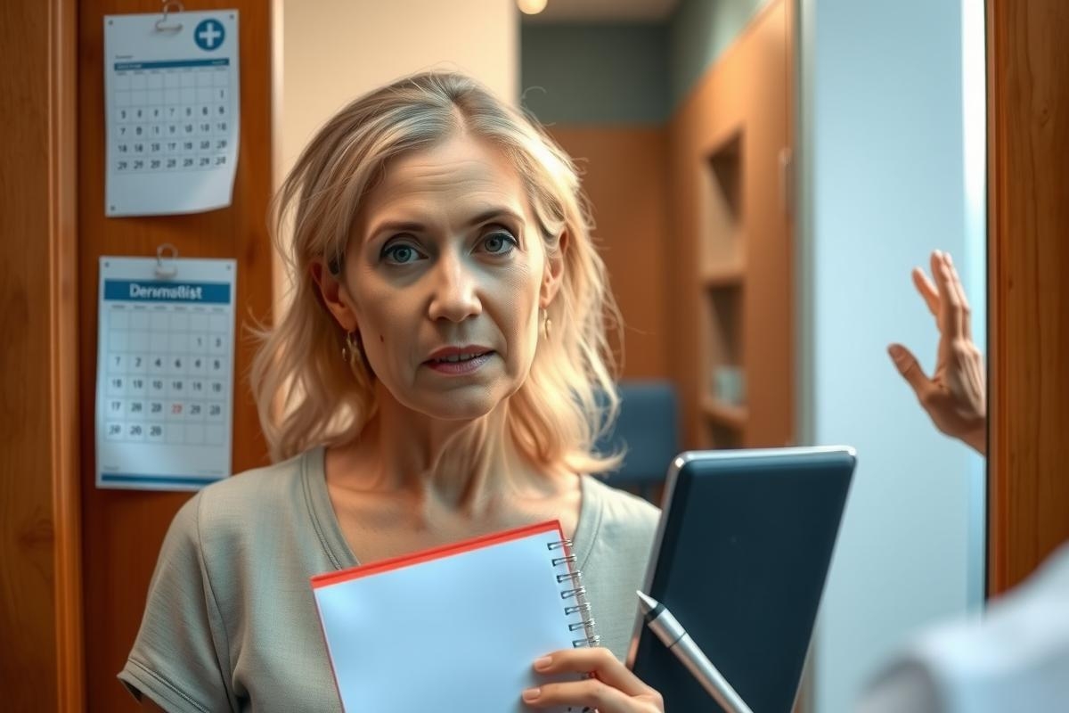 The image depicts a woman in an office setting, standing near a desk with her hand out. She appears to be engaged in conversation or possibly presenting something. 