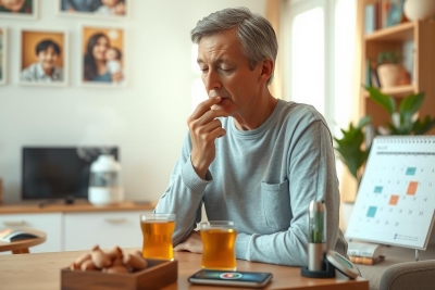 The image depicts a middle-aged man sitting at a dining table in what appears to be a modern, well-lit room. He is holding his face with one hand and has a serious expression, suggesting he might be deep in thought or upset about something. 