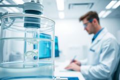Biotechnology lab scene: Scientist in white coat examines 3D printed object submerged in water within a clear container. Modern, sterile environment with blue and white tones. Focus on research and innovation.