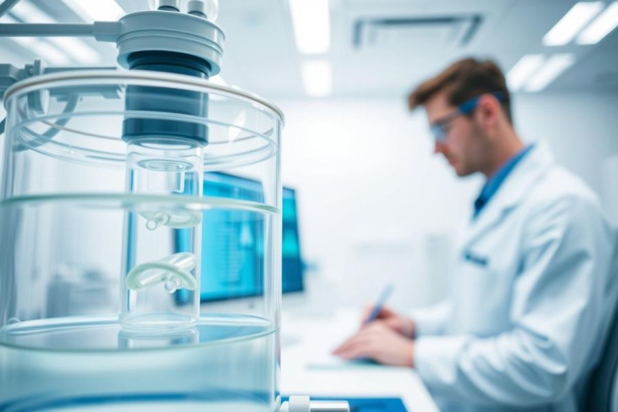 Biotechnology lab scene: Scientist in white coat examines 3D printed object submerged in water within a clear container. Modern, sterile environment with blue and white tones. Focus on research and innovation.