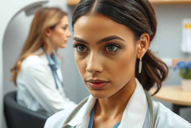 The image features a woman dressed as a medical professional in an indoor setting that appears to be a doctor's office. The woman is looking to the side with a neutral expression and her hair is styled up, suggesting a formal or professional appearance consistent with a healthcare worker.