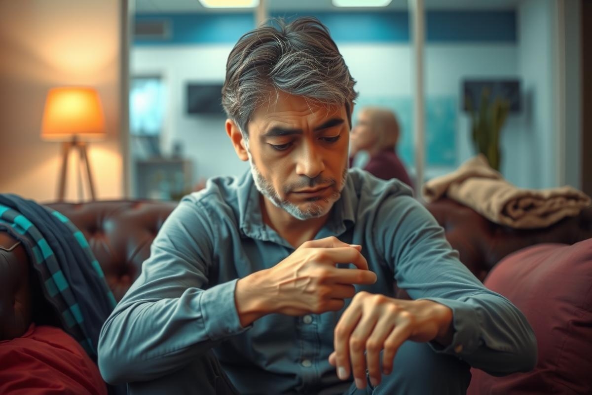 The image features a man in an indoor setting. He appears to be in his mid-50s, with graying hair and visible signs of aging on his face. The man is holding up one arm while the other is resting on his lap. His expression is serious or contemplative, possibly deep in thought. He is wearing casual clothing and is seated comfortably on a couch. There are no immediate indicators of the specific location or time period depicted.