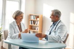 Doctor and patient consultation in a bright medical office. A smiling female doctor discusses medical records with a male patient. Healthcare, wellness, and senior care themes are present in this image featuring white coats and a clean, modern environment.
