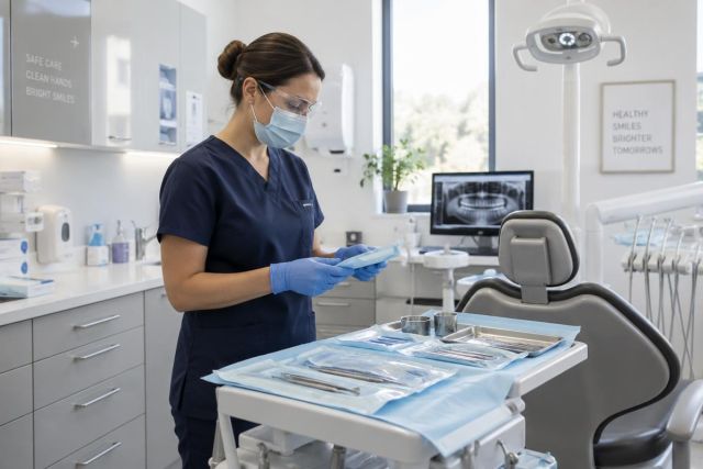 Dental hygienist preparing sterilized instruments beside empty dental chair in modern clinic operatory.