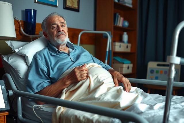 The image shows an elderly gentleman lying in a hospital bed. He wears a blue shirt, his arms folded across his stomach. The room is well-lit with a mix of natural and artificial light.