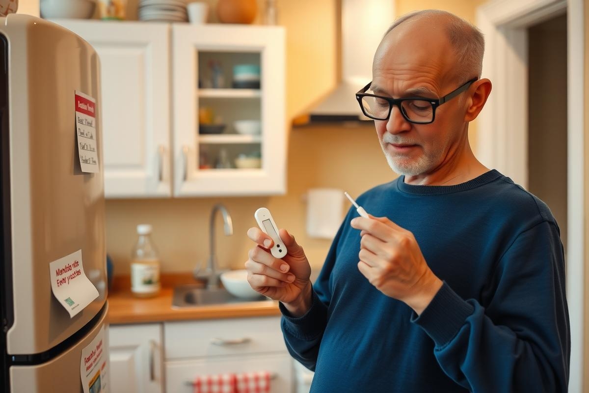 The image shows a man standing in a kitchen, holding a test device. He appears to be looking at the labels on the test device. A refrigerator and sink are in the background. The kitchen has light-colored cabinets and countertops.