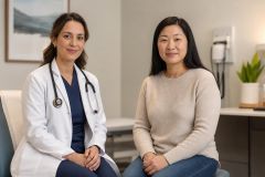 Doctor and patient seated in a calm clinic consultation room discussing ongoing respiratory symptoms.