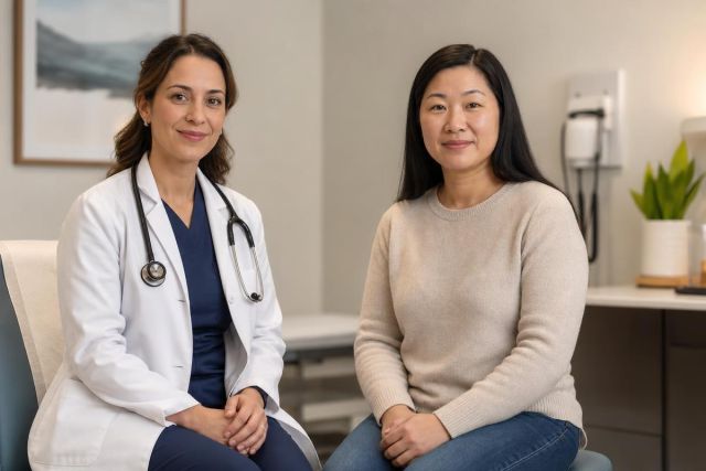 Doctor and patient seated in a calm clinic consultation room discussing ongoing respiratory symptoms.