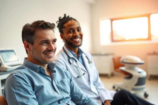 Two doctors in lab coats smile while seated in a medical office.  The image depicts healthcare professionals in a bright, modern clinical setting with medical equipment visible.