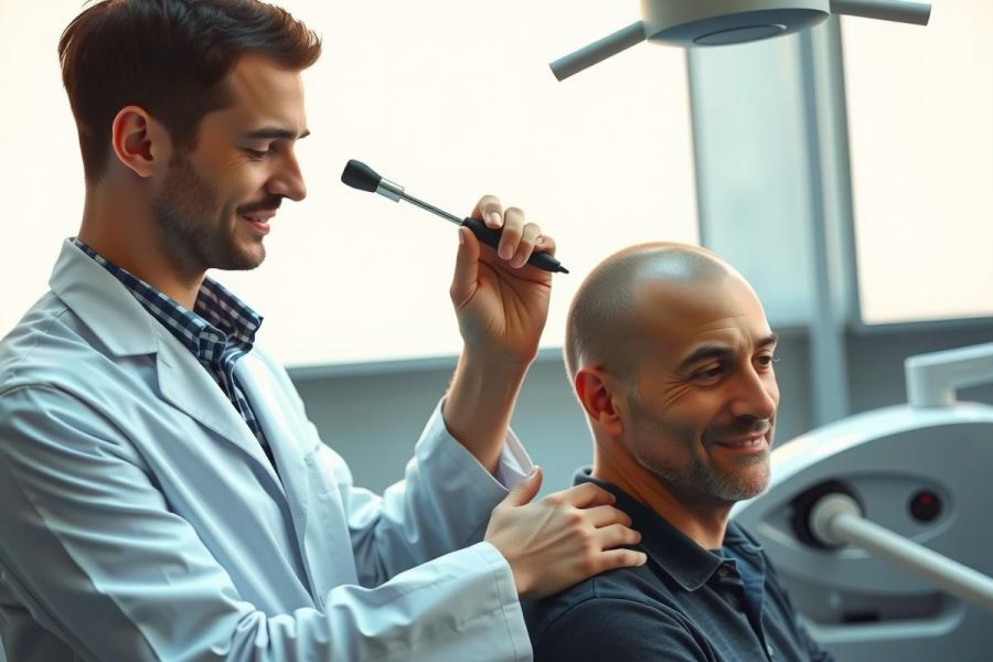 Doctor examining a patient's back with a medical instrument in a clinical setting. Healthcare professional, patient, medical checkup, diagnosis, back pain.