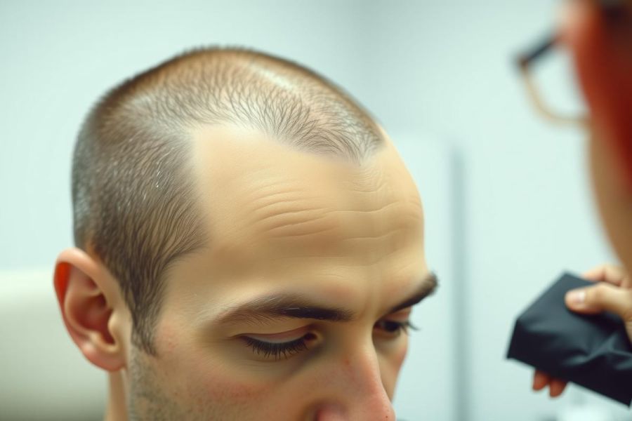 Close-up of a person getting a haircut. A barber is shown in the background, holding scissors. The image captures a detail of the haircutting process.