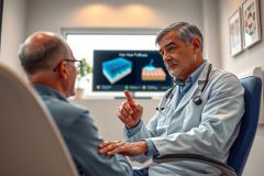 Doctor in a white coat discusses with a patient, seated in an office setting. The image conveys a healthcare consultation, highlighting medical expertise and patient care.